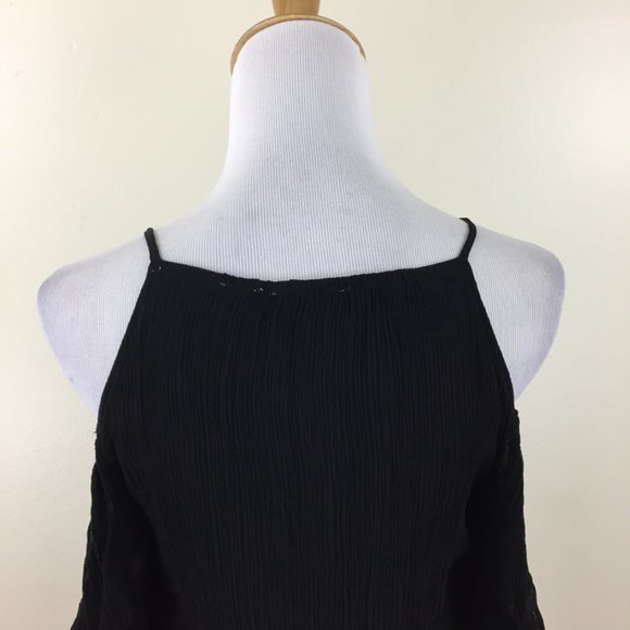 MAEVE Anthropologie Black Crepe Chiffon Cold Shoulder Ruffle Sleeve Button Shirt - Picture 10 of 10